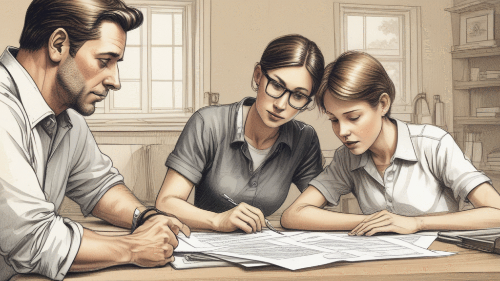 A pencil-style illustration showing the tops of two people's heads in an indoor setting, heavily cropped with most of the image black.