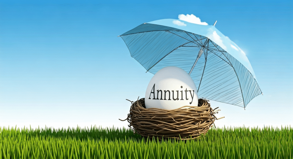 A vector image of an annuity egg being protected by an umbrella