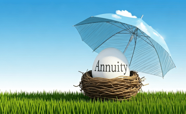 A vector image of an annuity egg being protected by an umbrella