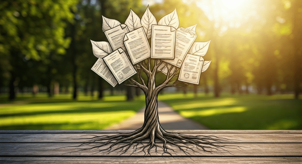 Blurred outdoor scene with green foliage and warm sunlight, heavily cropped.