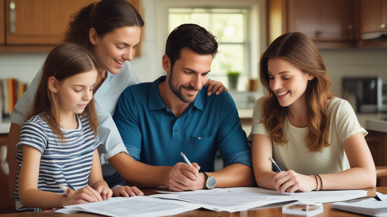 Family reviewing insurance brochures