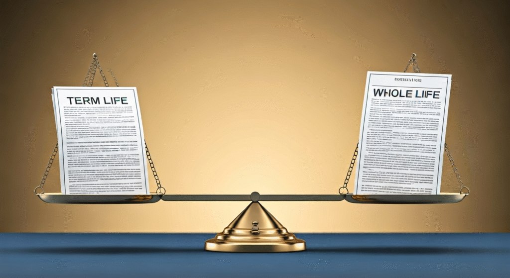 A gold balance scale weighing a Term Life insurance policy document on the left against a Whole Life insurance policy document on the right, symbolizing a comparison between the two types of life insurance.