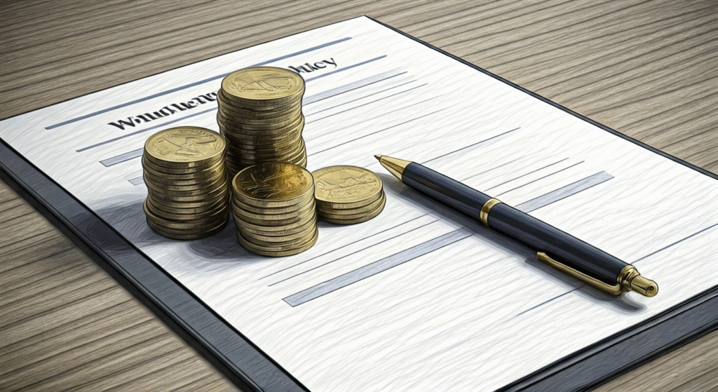 Illustrated image of stacked gold coins and a pen resting on an insurance or financial policy document on a wooden desk, symbolizing financial planning and coverage.