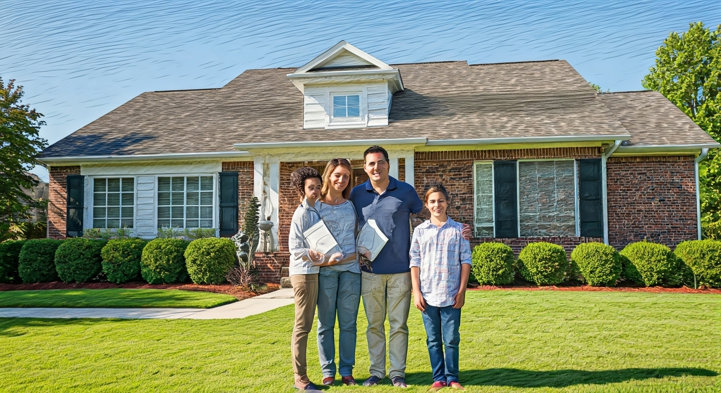 Family outside house with shield