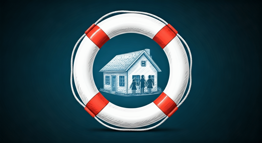 "The upper half of a red and white life preserver ring with a white rope, set against a dark teal background, symbolizing safety and emergency rescue."