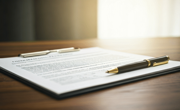 AI generated image of important documents with a pen on top