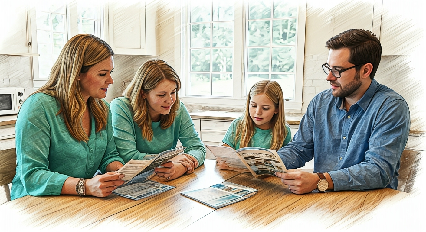 Family reviewing insurance brochures