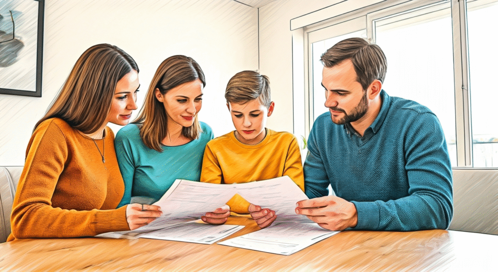 An illustrated sketch of a family of four &mdash; two parents, a teenage girl, and a young boy &mdash; seated at a wooden table reviewing documents together in a bright home setting, symbolizing family financial planning.