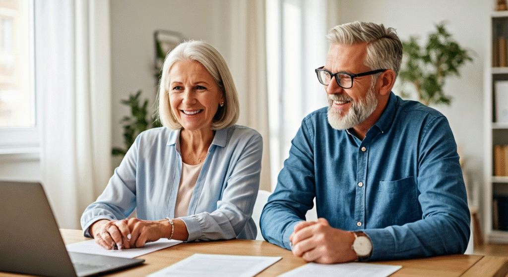 A smiling older couple sitting together at a desk with a laptop and documents in a bright home setting, symbolizing retirement planning or financial review.