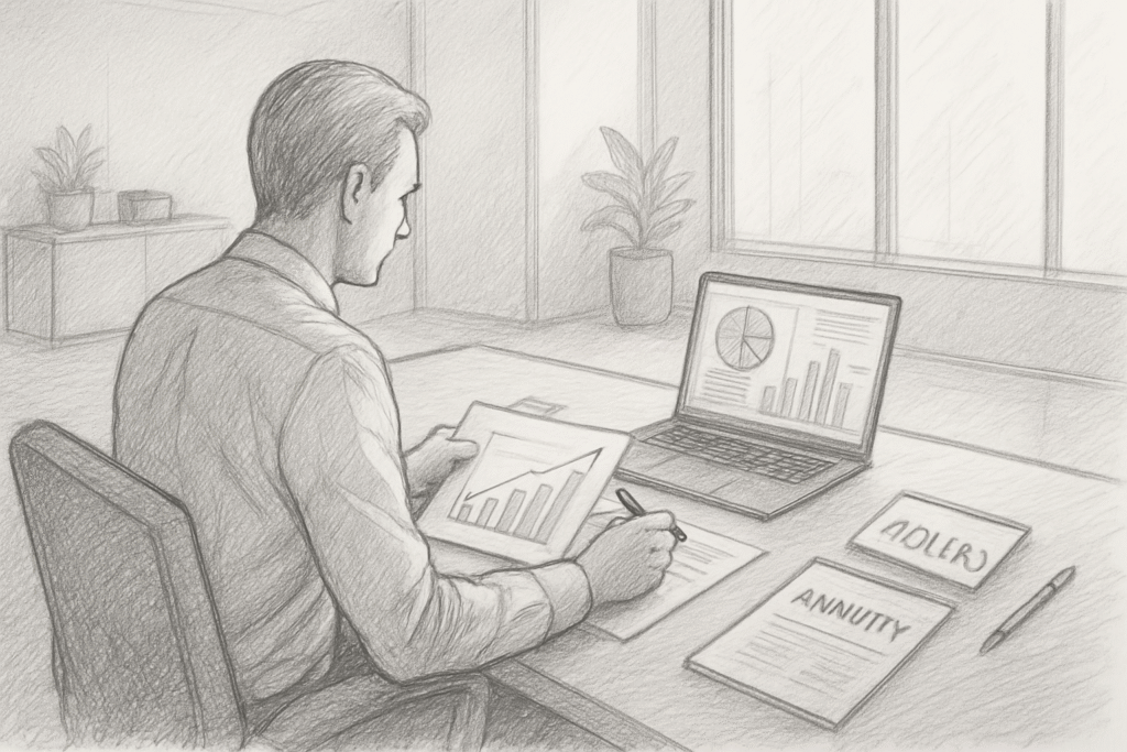 "A pencil sketch illustration showing the top of a person's head with short dark hair, positioned in front of a paneled door or wall, drawn in a minimal black and white style."