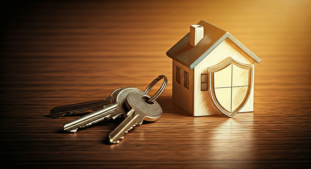 AI generated image of a house with a shield and keys
