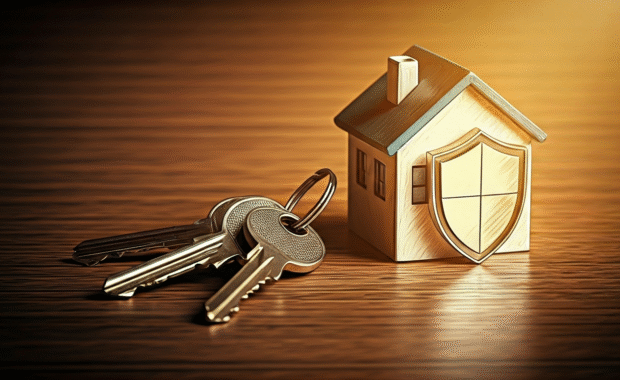AI generated image of a house with a shield and keys