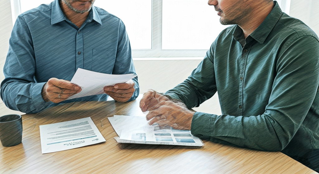 Two men reviewing a document together in a bright office setting, symbolizing a financial or insurance consultation.