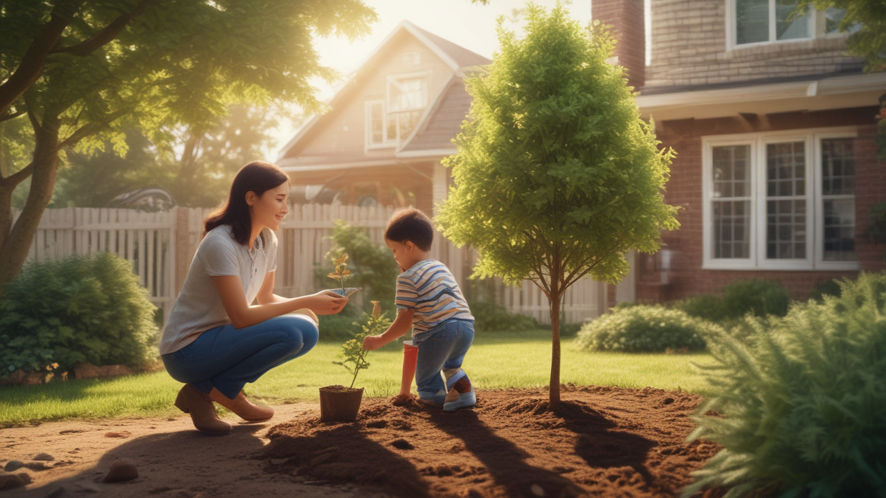 Parent and child planting tree