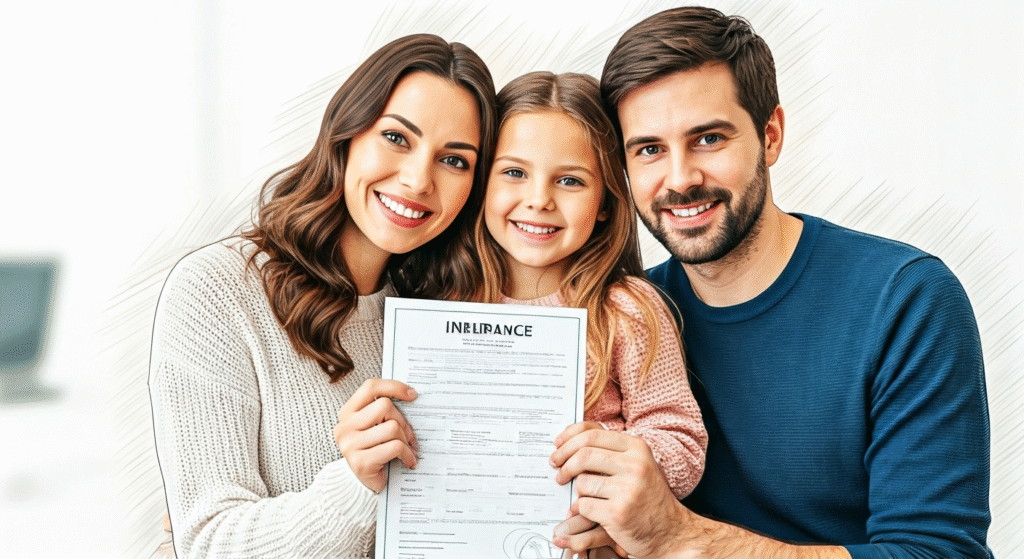 A smiling family of three &mdash; a mother, father, and young daughter &mdash; holding an insurance policy document, symbolizing family financial protection and coverage.