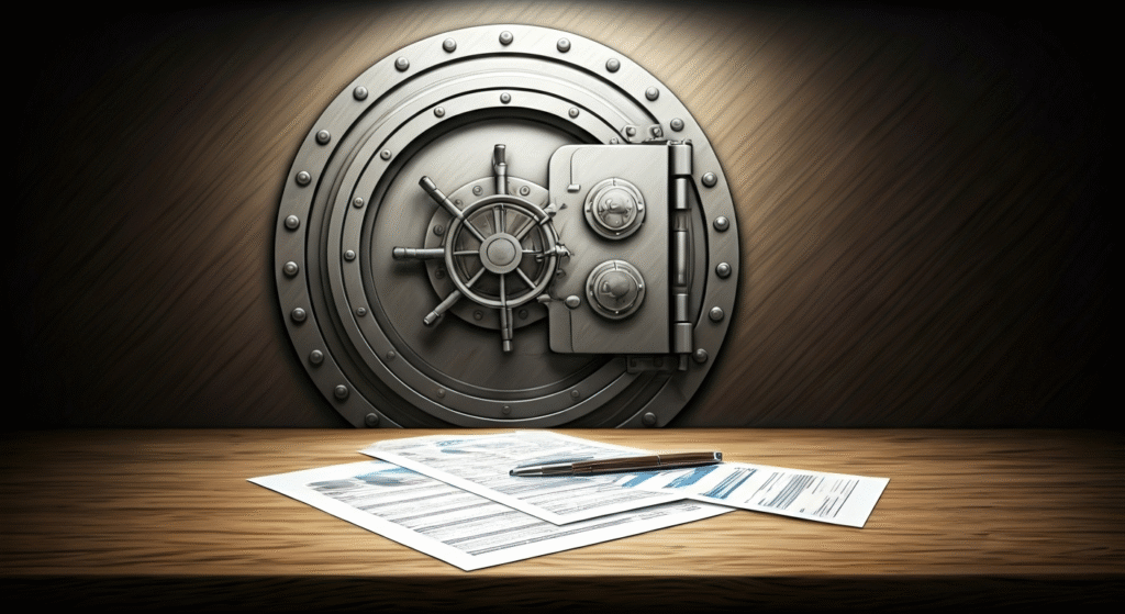 An AI generated image of paperwork in front of a safe