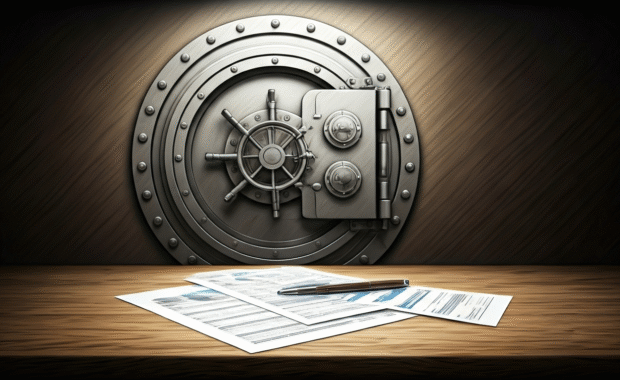 An AI generated image of paperwork in front of a safe