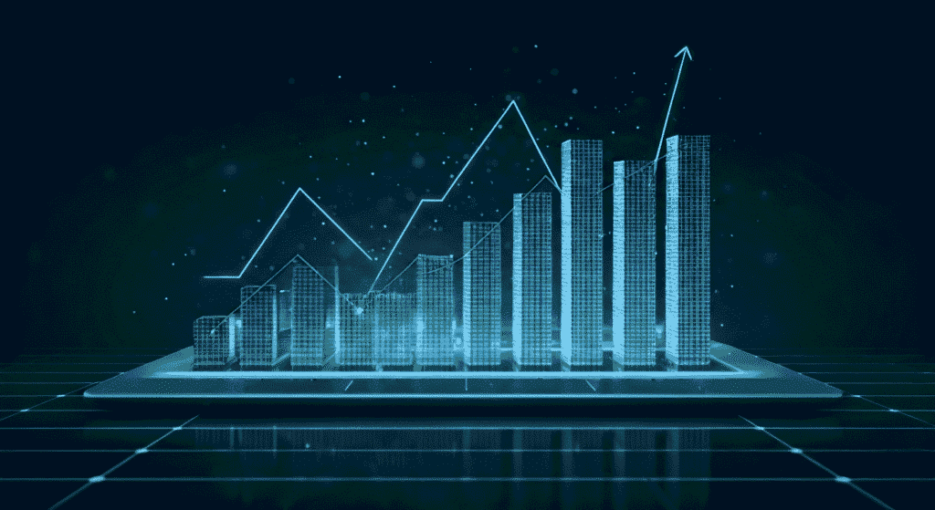 3D digital illustration of a glowing teal bar chart and upward-trending line graph on a dark background, symbolizing financial growth and data analytics.