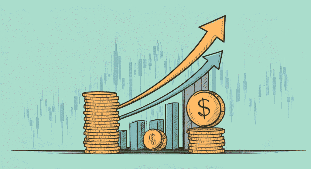 Illustrated graphic of stacked gold coins and upward-trending arrows over a bar chart and stock market candlestick background, symbolizing financial growth and investment returns.