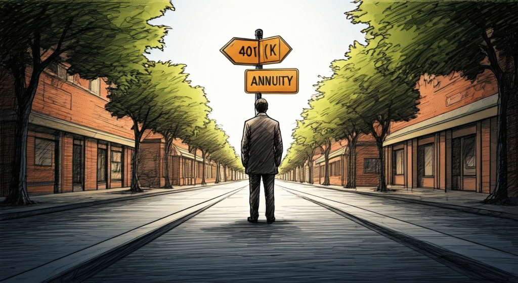 AI generated image depicting the choice between and 401k and an annuity