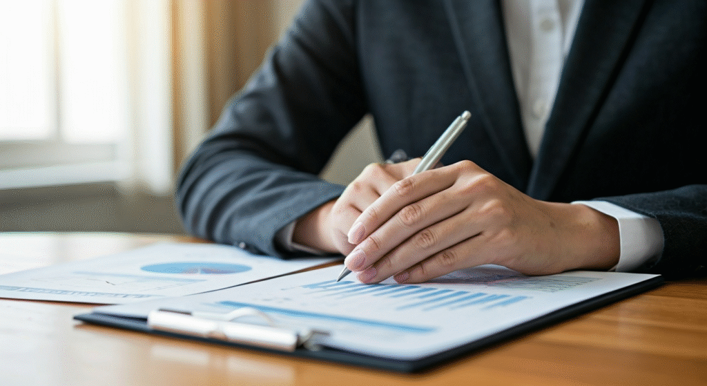 An annuities broker reviewing financial data on paper