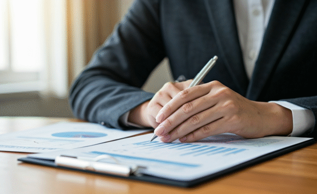 An annuities broker reviewing financial data on paper