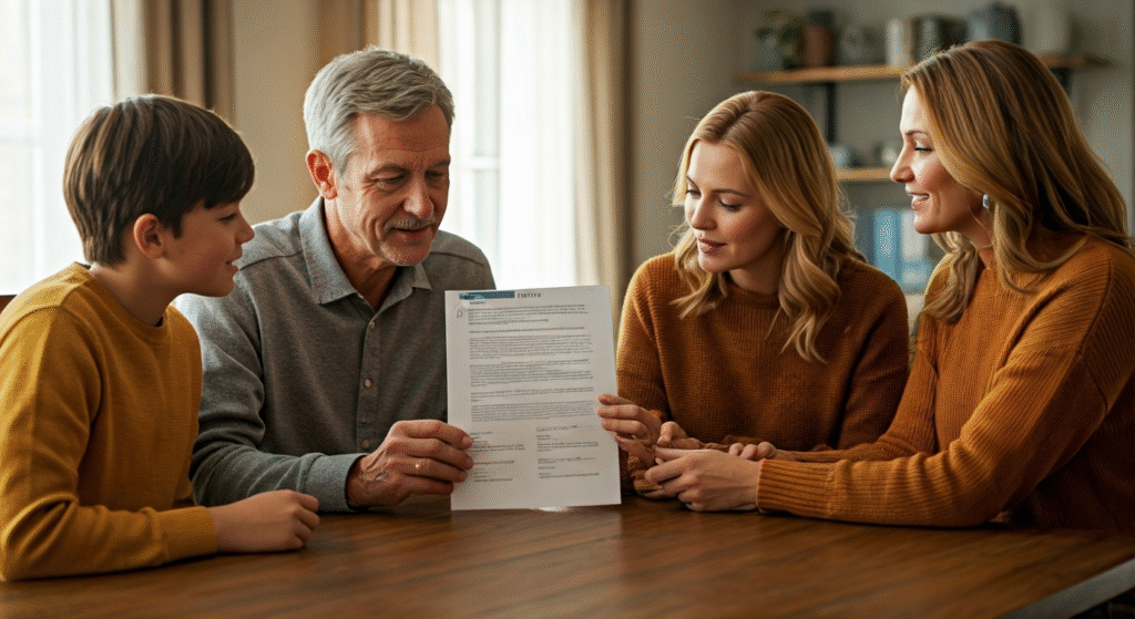 A family of four &mdash; a father, mother, teenage daughter, and young son &mdash; seated around a dining table reviewing an insurance or financial document together in a warm home setting.