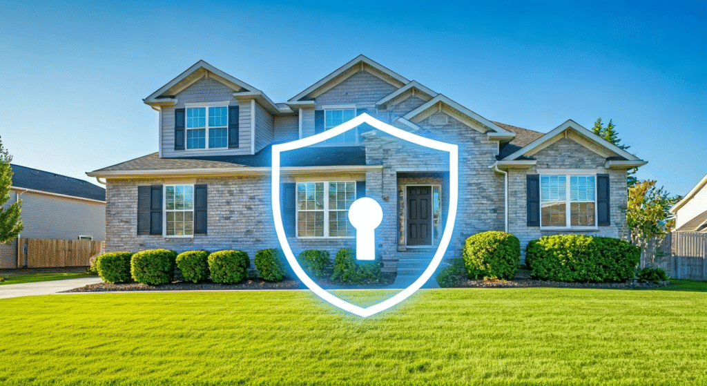 A large brick suburban home with a glowing blue shield and keyhole icon overlaid on the front, symbolizing home protection, mortgage insurance, or home security coverage.