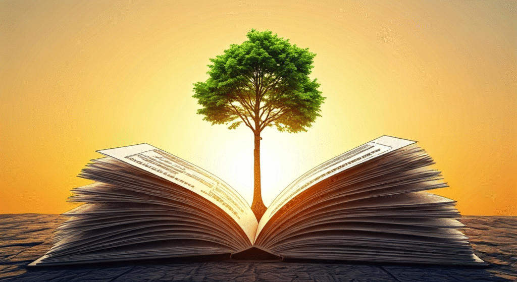 A conceptual image of a large green tree growing out of an open book against a warm golden sunset background, symbolizing knowledge, growth, and financial planning.