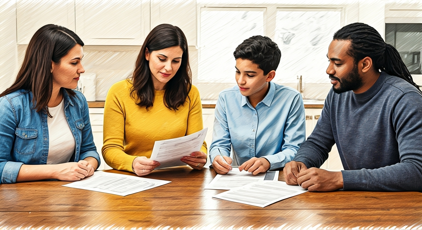 Family reviewing documents together