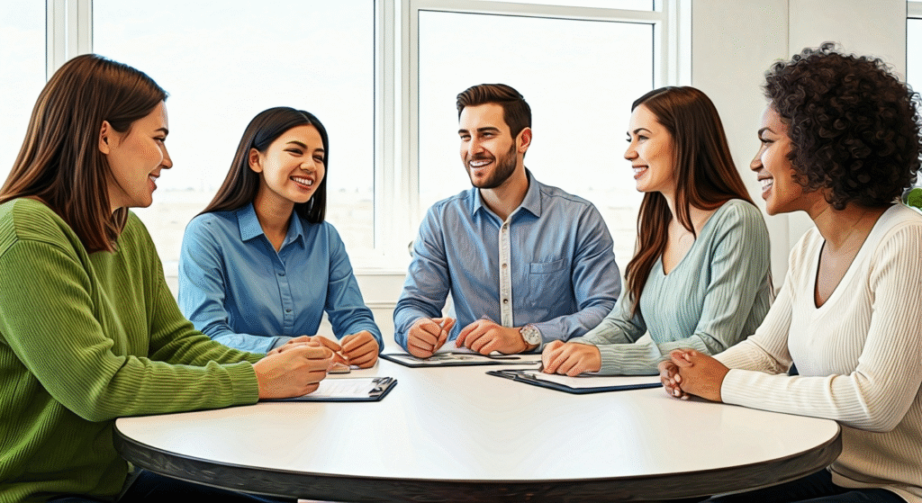 A diverse group of five smiling young professionals engaged in a friendly conversation in a bright office setting.