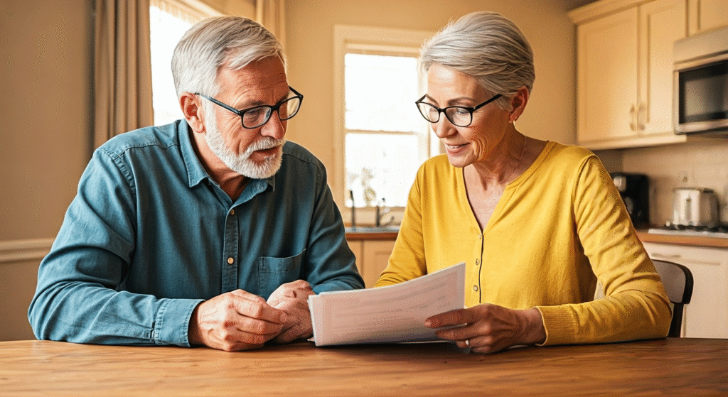 An older couple wearing glasses looking at something together in a warm home kitchen setting, symbolizing retirement planning or financial review.
