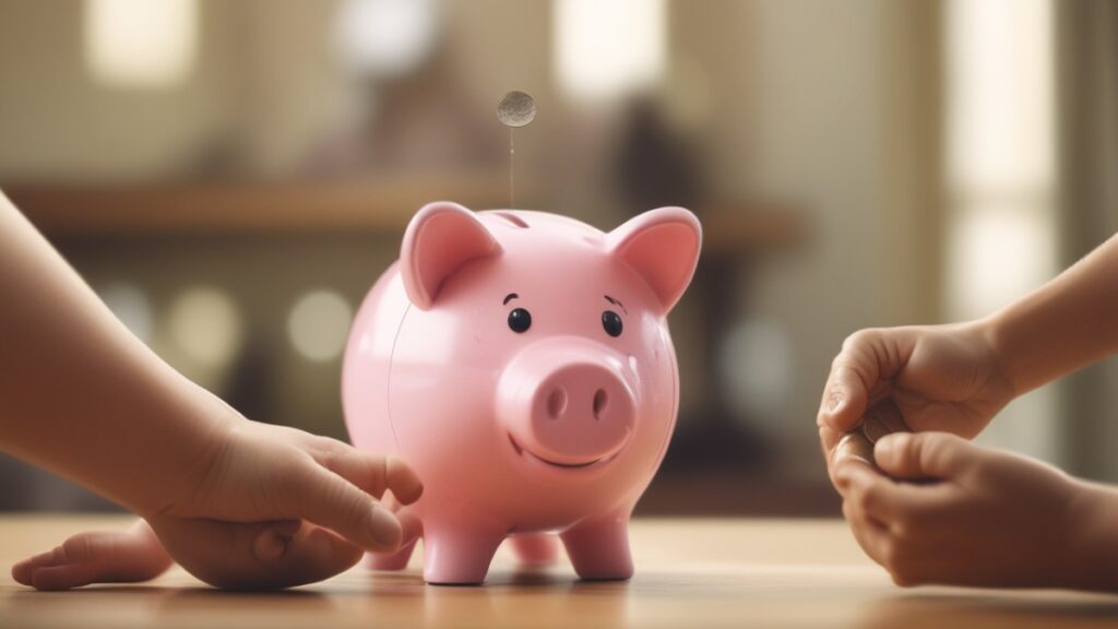 Child dropping coin in piggy bank