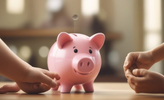 Child dropping coin in piggy bank