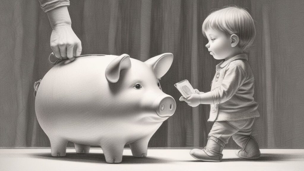 Child holding piggy bank with parent
