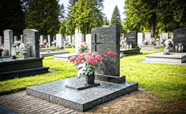 Headstone with flowers in cemetery