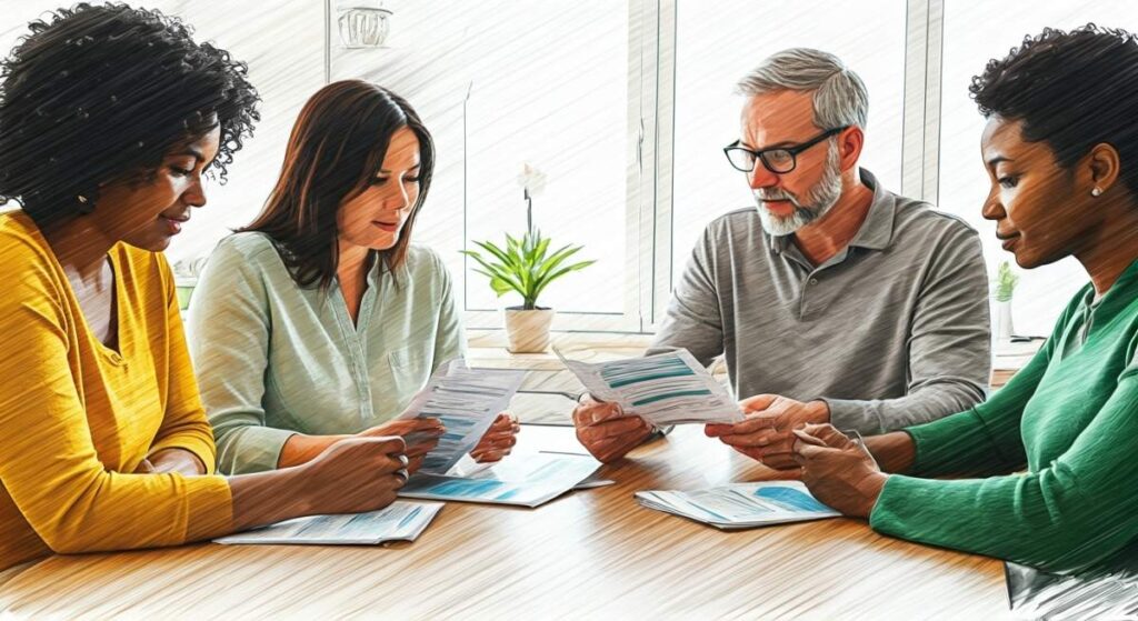 adults reviewing insurance brochures