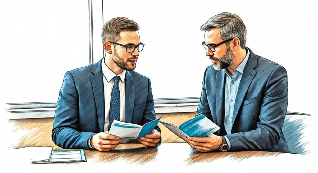 men reviewing insurance brochures