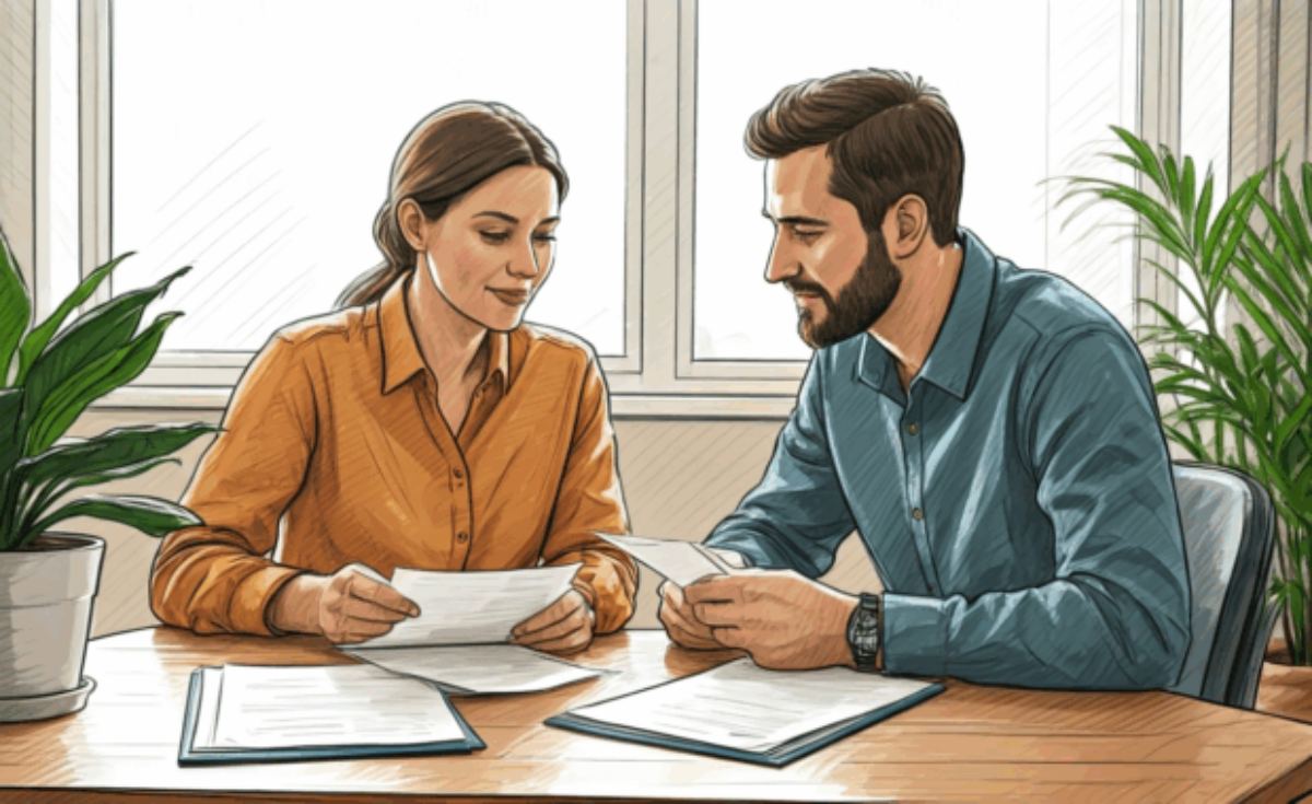 sketch of couple reviewing insurance