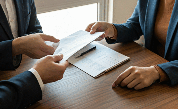 AI generated image of people handing over documents