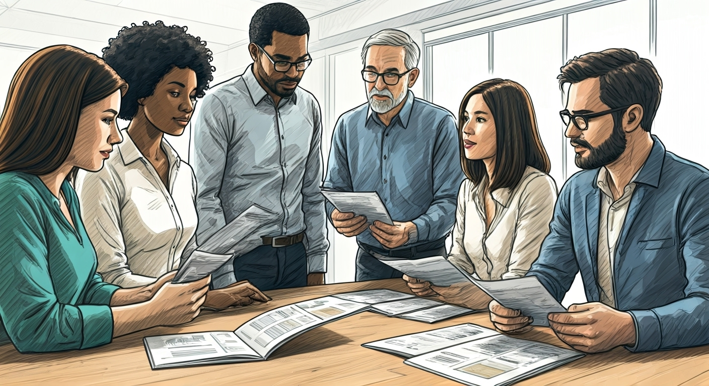 Adults reviewing policy brochures