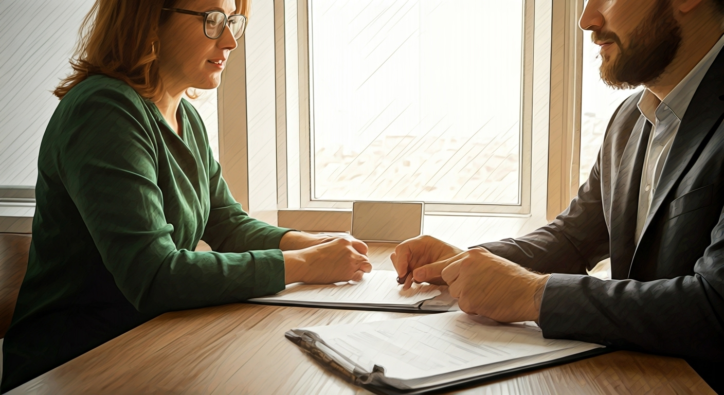 Two people reviewing insurance documents
