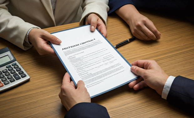 AI generated image of life insurance brokers handing over paperwork