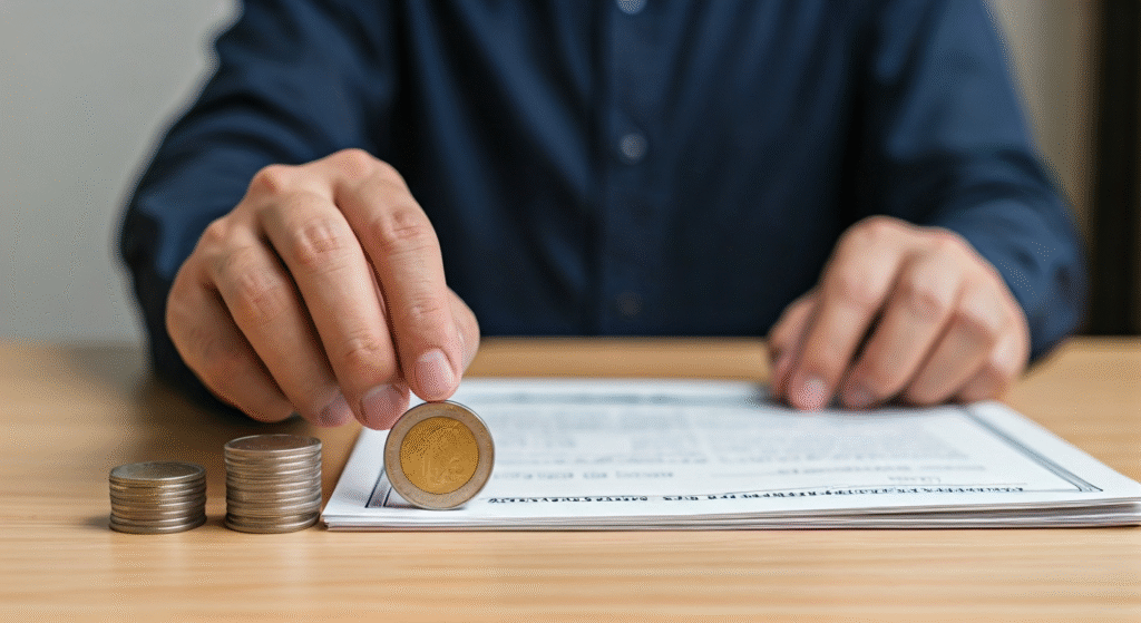 Man holding a coin on top of paperwork