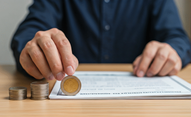 Man holding a coin on top of paperwork