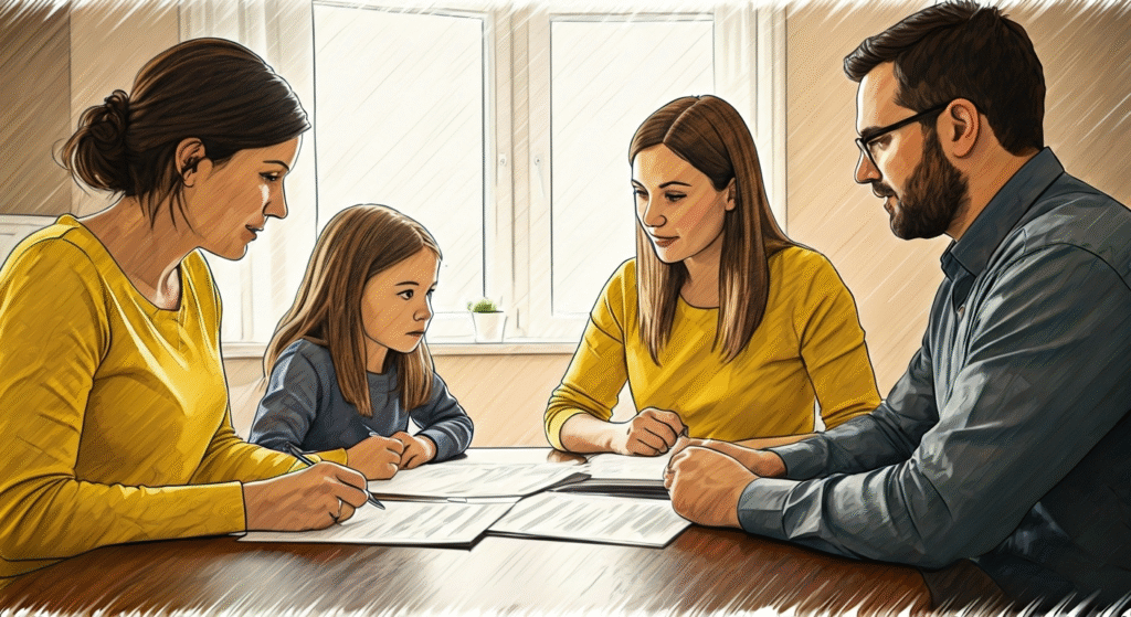 Illustrated sketch of a family of four &mdash; two adults and a young girl &mdash; seated at a table reviewing documents together, symbolizing financial planning or insurance discussions.