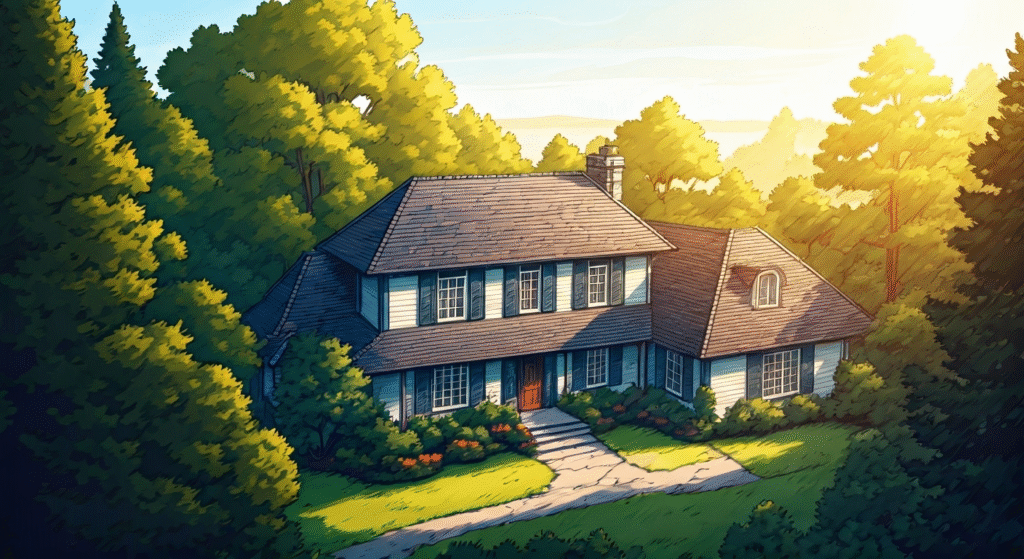 Illustrated landscape of lush green trees and a partially visible house or building rooftop against a bright sunny sky, heavily cropped with most of the image black.