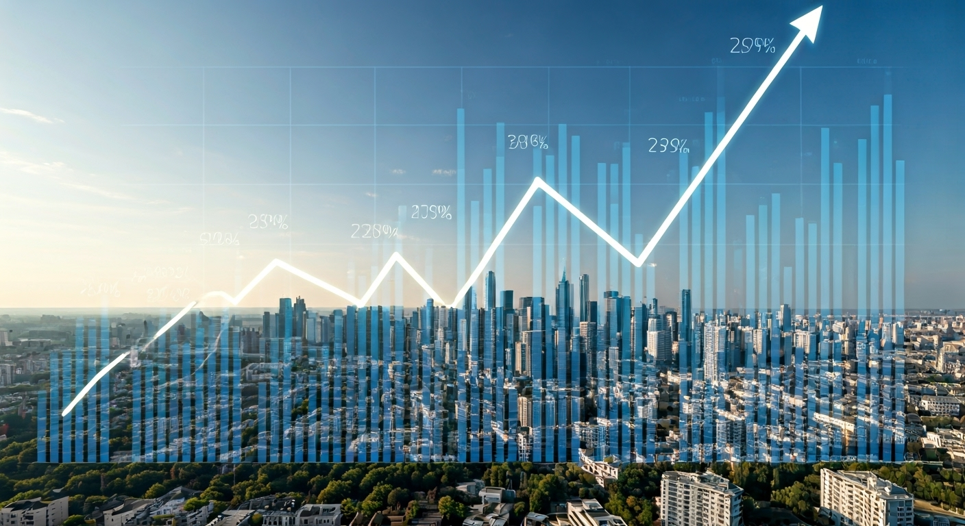 City skyline with financial trends