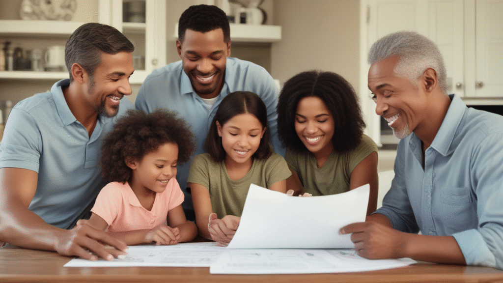 "A multigenerational family of five smiling and gathered together around something out of frame in a bright kitchen setting, including two young children, two middle-aged adults, and an older man with gray hair, all wearing light blue shirts."