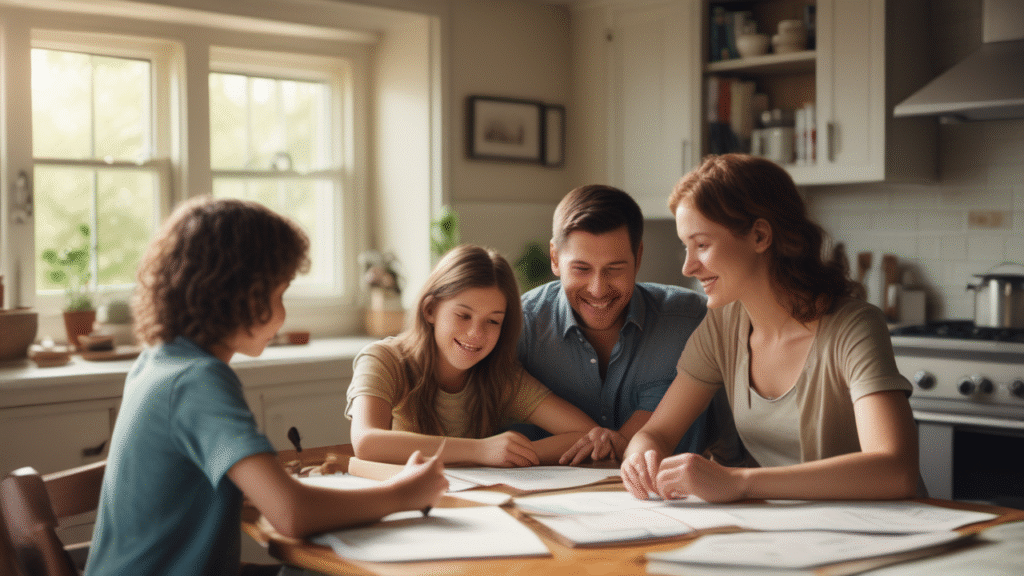 "A smiling family of four gathered around a wooden kitchen table covered with documents and papers, with two parents and two children reviewing paperwork together in a warm, sunlit home kitchen setting."